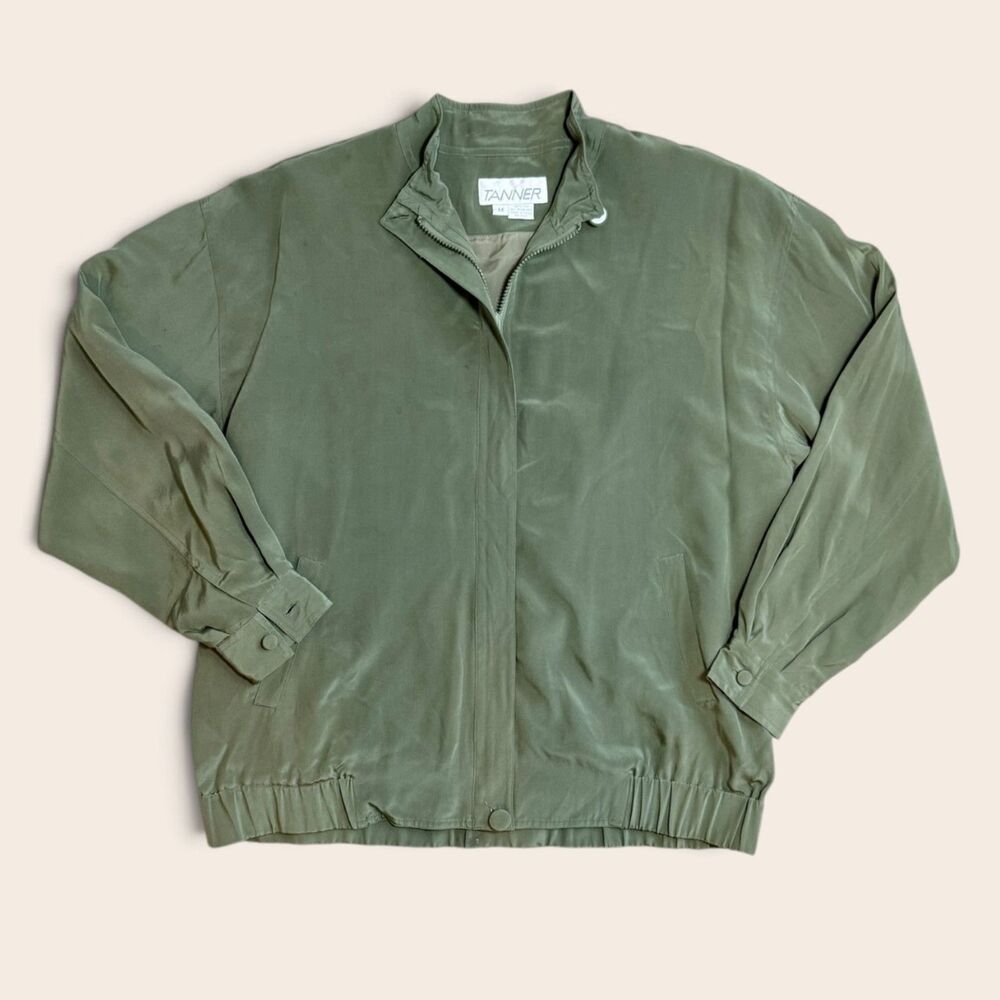 Vintage Tanner 100% Silk Olive Green Jacket 90s Minimalist Gorpcore Size M